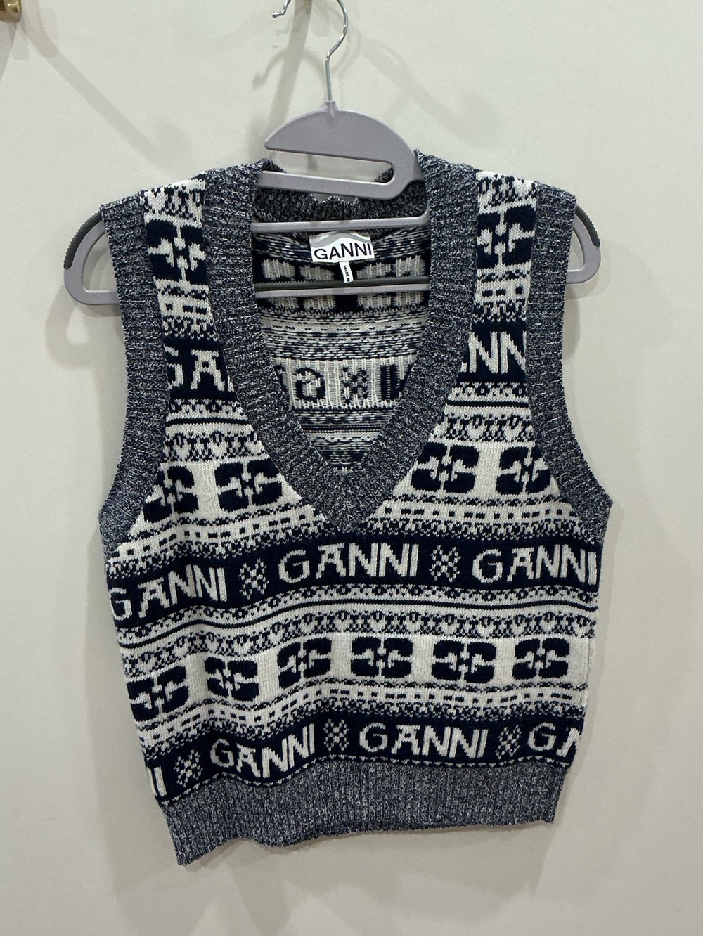 Ganni Navy and White Knit V‑Neck Logo Sweater Vest